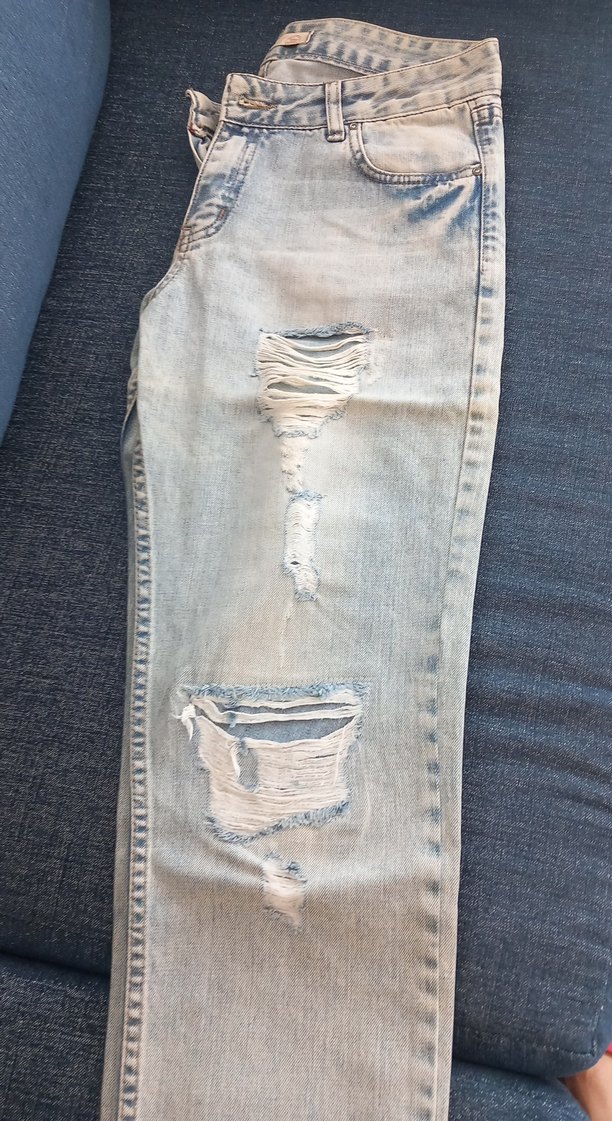 Kadın açık mavi Bol Kesim Yırtık Denim Jean - Görsel 3