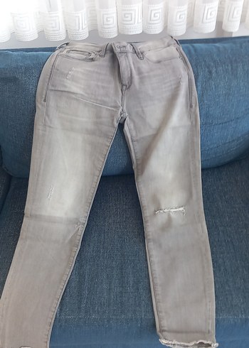 Gri Kadın Denim Pantolon, Normal Boy, İnce Kesim