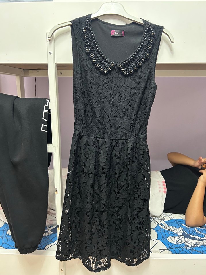 Dantel İşlemeli Siyah Midi Elbise - Görsel 4