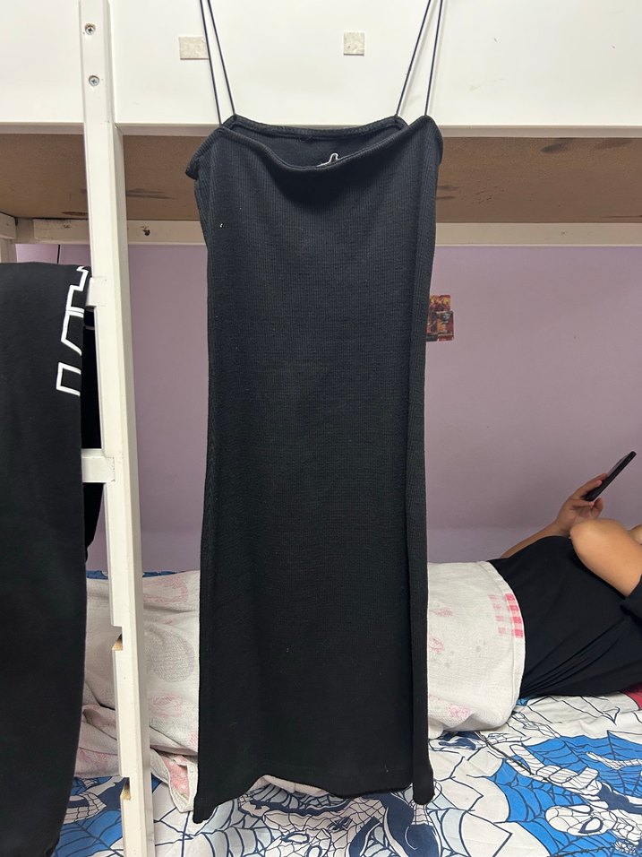 Siyah İnce Askılı Midi Triko Elbise - Görsel 5