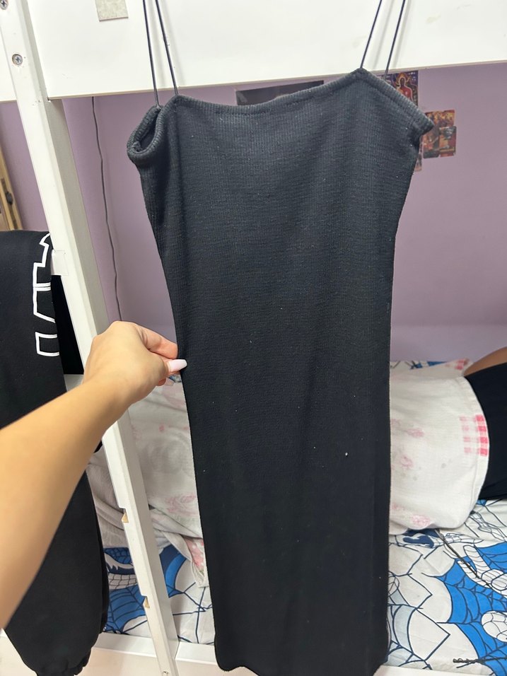 Siyah İnce Askılı Midi Triko Elbise - Görsel 2