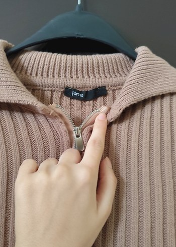 Bej Fitilli Fermuarlı Kadın Triko Hırka - Görsel 4