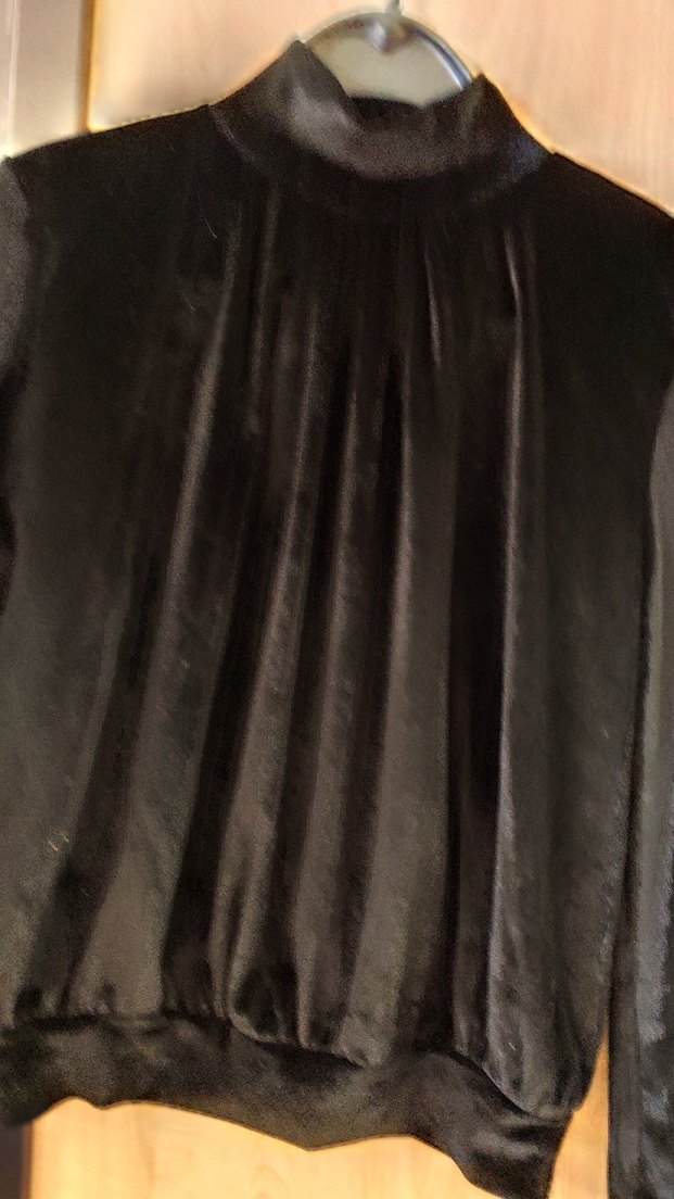 Siyah Kadife Pileli Yüksek Yakalı Bluz - Görsel 3