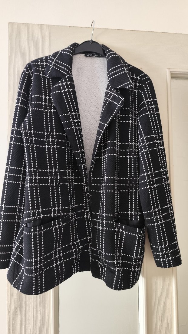 Düğmeli Siyah Ekose Kadın Blazer Ceket - Görsel 2