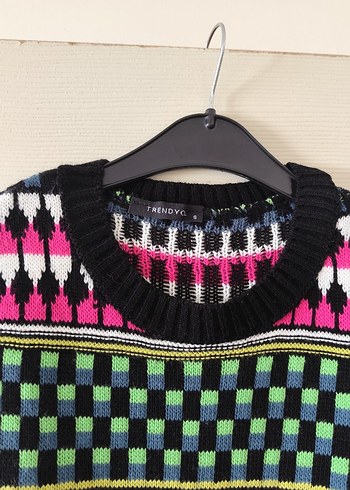 Renkli Desenli Kadın Triko Süveter - Görsel 2