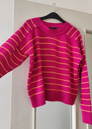 Pembe Çizgili Kadın Örgü Kazak - Görsel 4