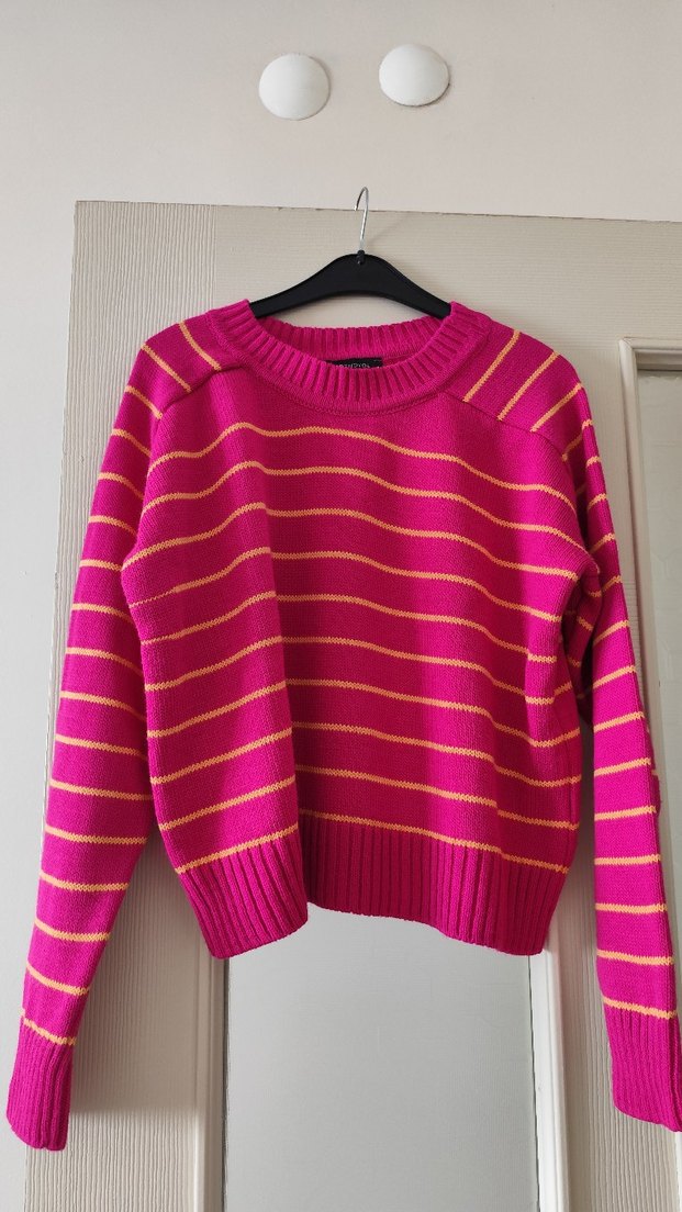 Pembe Çizgili Kadın Örgü Kazak - Görsel 2