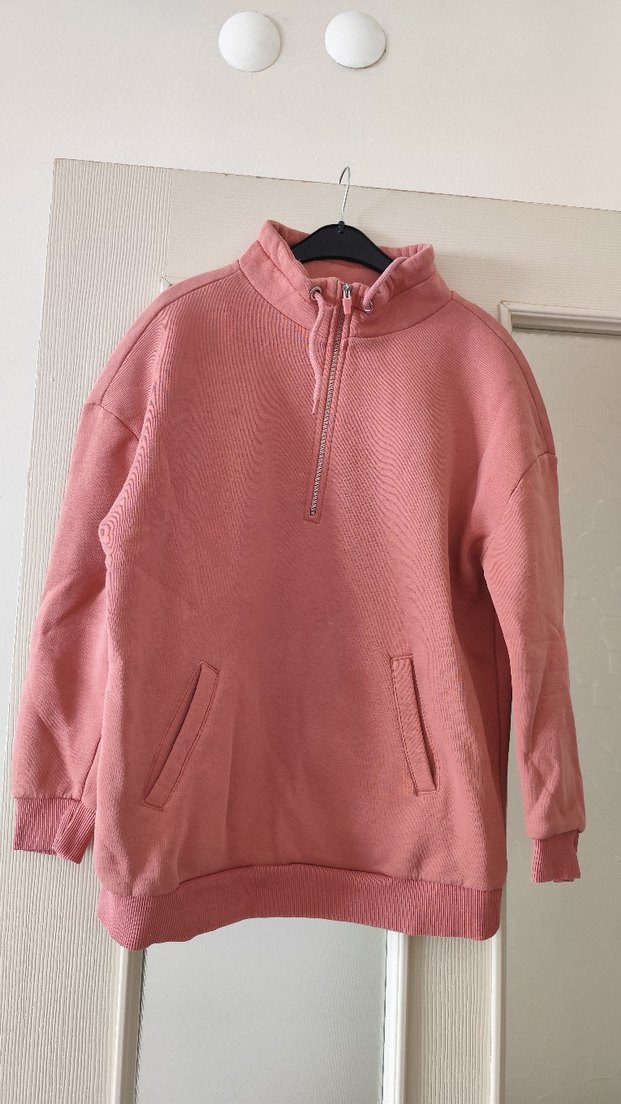 Fermuarlı Yüksek Yaka Pembe Sweatshirt - Görsel 2