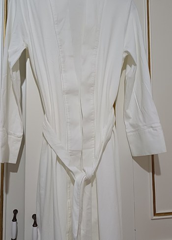 Drapeli Beyaz Uzun Kollu Pamuk sabahlık - Görsel 5