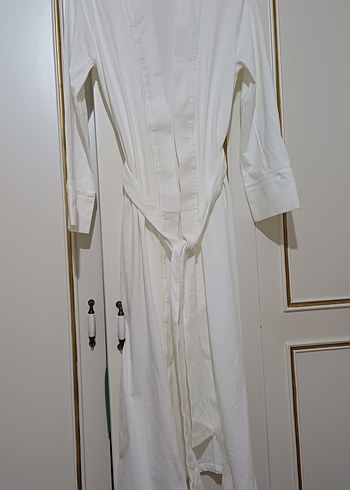 Drapeli Beyaz Uzun Kollu Pamuk sabahlık - Görsel 4