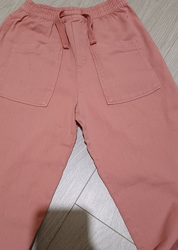 Pembe Keten Rahat Kesim Kadın Pantolon - Görsel 3