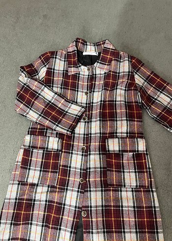 Bordo Ekose Düğmeli Midi Kadın Kaban - Görsel 3