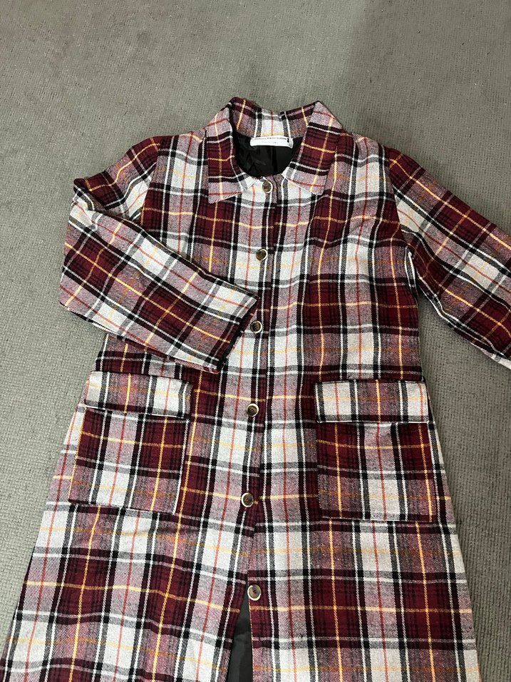 Bordo Ekose Düğmeli Midi Kadın Kaban - Görsel 4