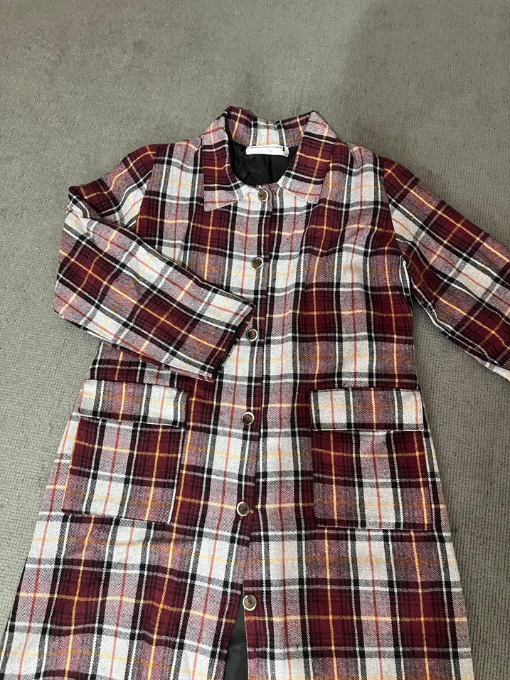 Bordo Ekose Düğmeli Midi Kadın Kaban - Görsel 3