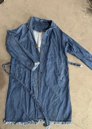 Düğmeli Mavi Uzun Denim Ceket - Görsel 2