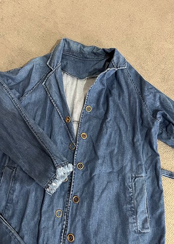 Düğmeli Mavi Uzun Denim Ceket - Görsel 3