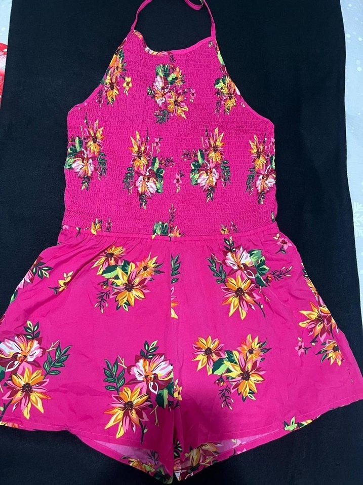 Çiçekli Pembe Straplez Mini Tulum - Görsel 3