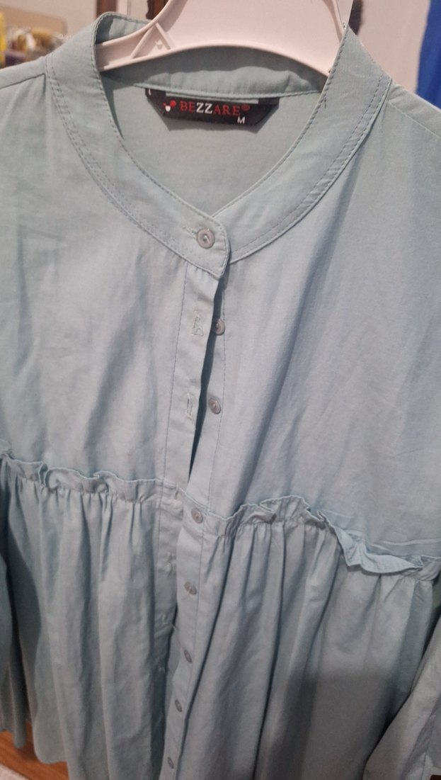 Mavi Uzun Kollu Keten Bohem Tunik - Görsel 2