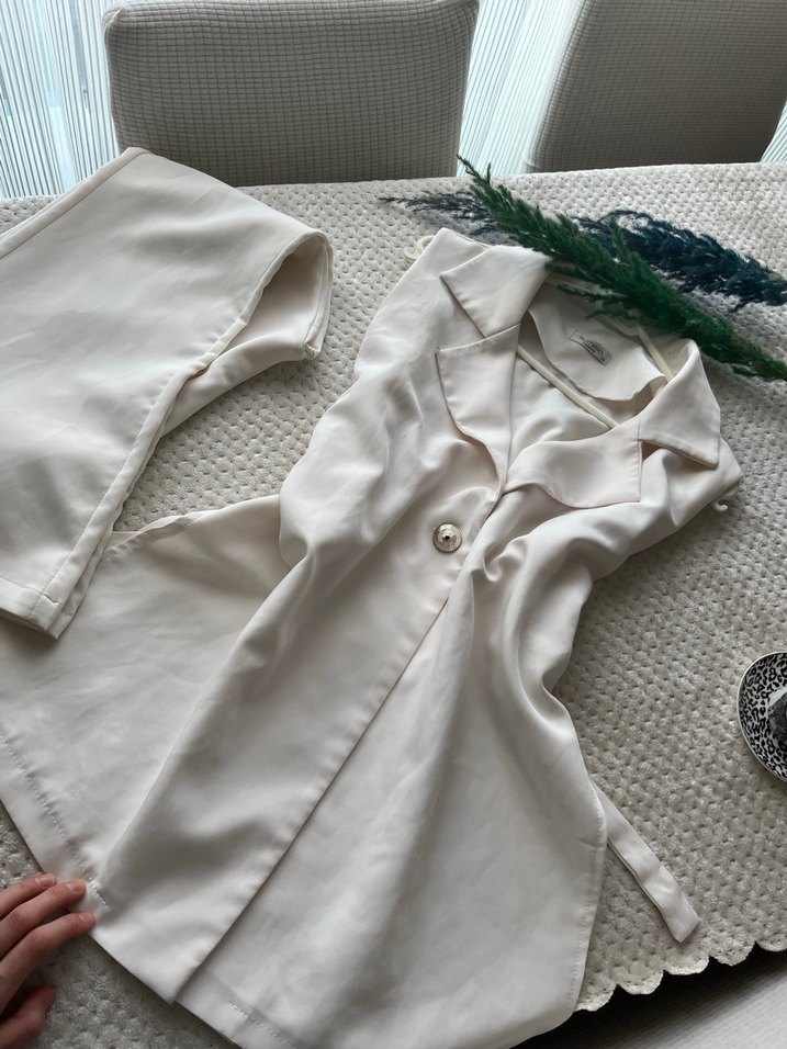 Düğmeli Krem Keten Mini Gömlek - Görsel 4