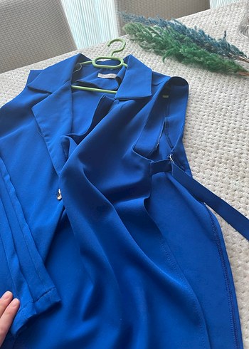 Düğmeli Kısa Mavi Kadın Takım Elbise - Görsel 5