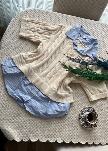 Bej Örgü Kısa Kollu Bohem Süveter - Görsel 2