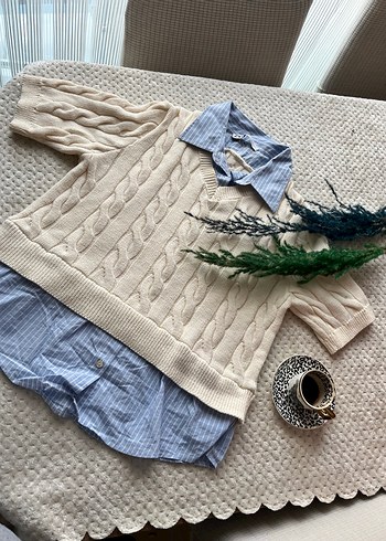 Bej Örgü Kısa Kollu Bohem Süveter - Görsel 4