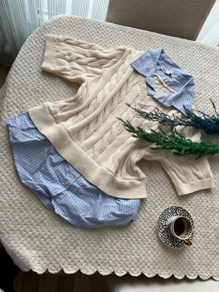 Bej Örgü Kısa Kollu Bohem Süveter - Görsel 2