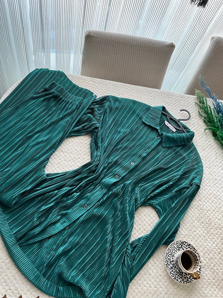 Parlak Yeşil Uzun Kollu Bohem Kadın Pijama Takımı - Görsel 4