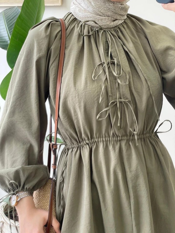 Bağlama Detaylı Haki Elbise - Görsel 5