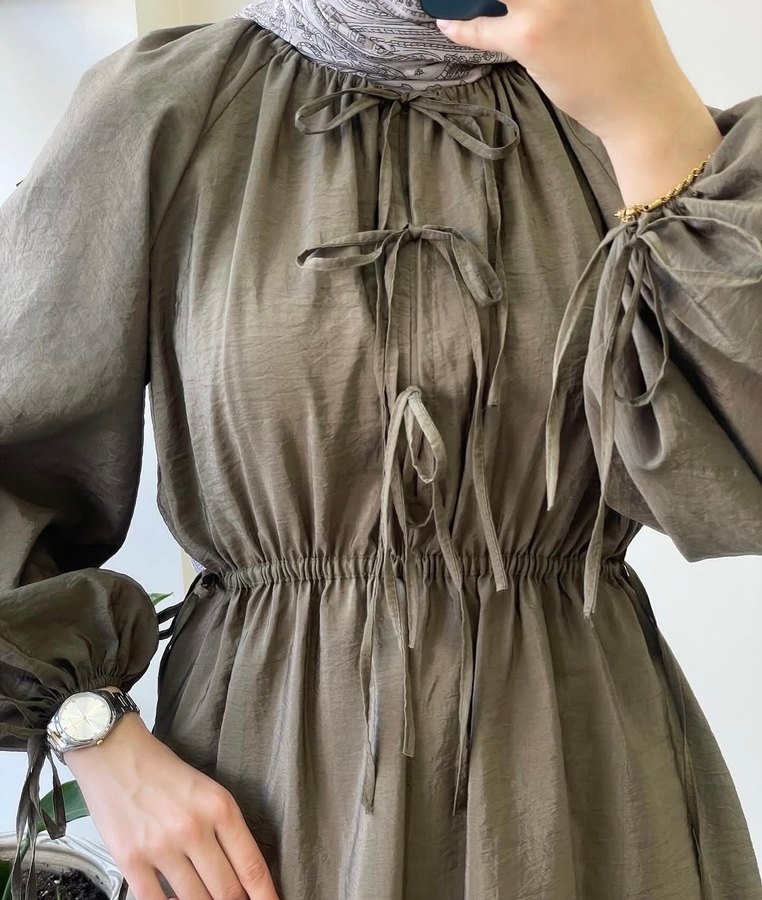 Bağlama Detaylı Haki Elbise - Görsel 2