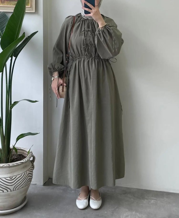 Bağlama Detaylı Haki Elbise - Görsel 4