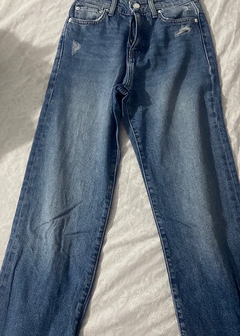 Kadın Mavi Normal Boy Yırtmaçlı Denim Pantolon