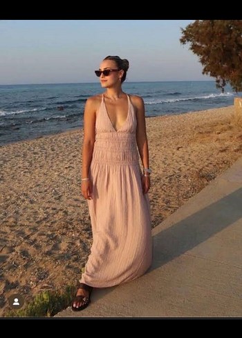 xs Beden Zara Bej V Yakalı Bohem Uzun Keten Elbise