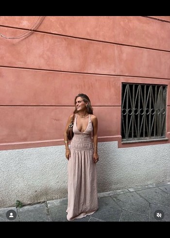 Zara Bej V Yakalı Bohem Uzun Keten Elbise