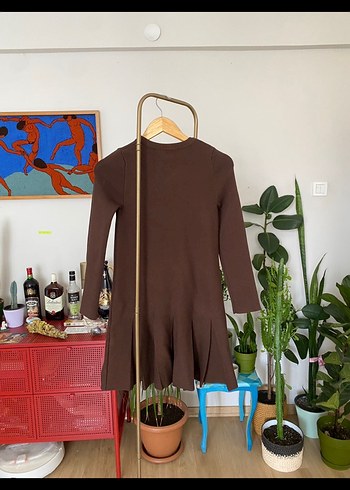 Zara Zara Kahverengi Piliseli Midi Triko Elbise