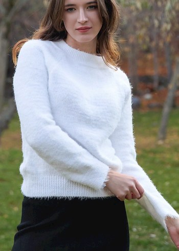 Kadın Beyaz Pamuklu Salaş Kazak - Görsel 2