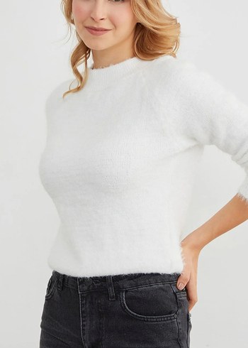 Kadın Beyaz Pamuklu Salaş Kazak - Görsel 3