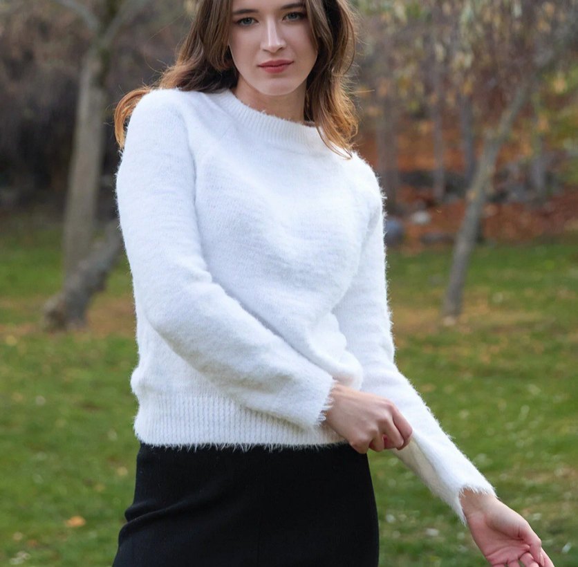 Kadın Beyaz Pamuklu Salaş Kazak - Görsel 2