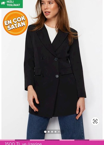 46 Beden siyah Renk Siyah Kadın Uzun Kesim Düğmeli Blazer
