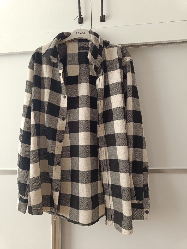 Gri Kareli Düğmeli uniseks Gömlek - Görsel 5