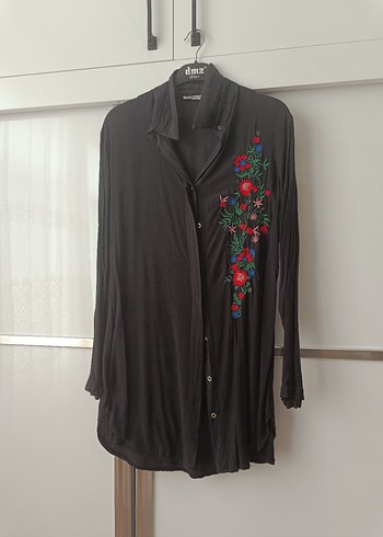 Uzun Kollu Siyah Nakışlı Bohem Kadın Gömlek - Görsel 4