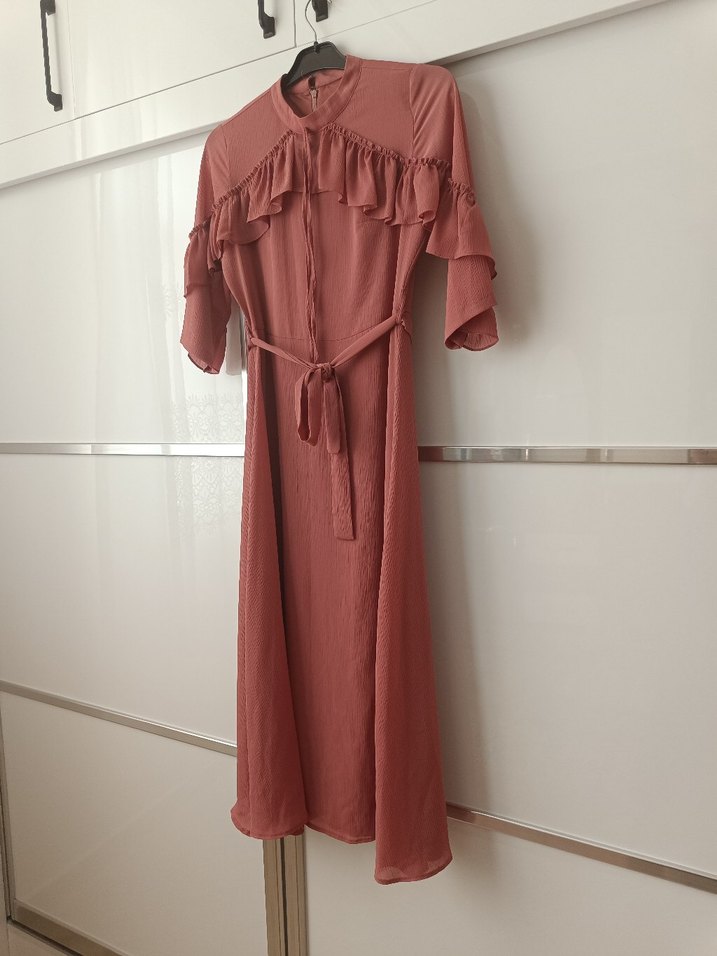 Pembe Fırfırlı Salaş Uzun Elbise - Görsel 3