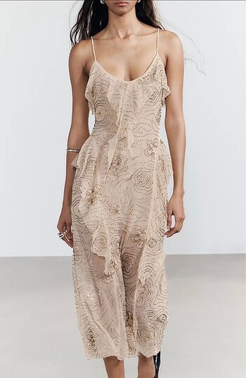 Zara zara midi fırfırlı parıltılı ışıltılı elbise