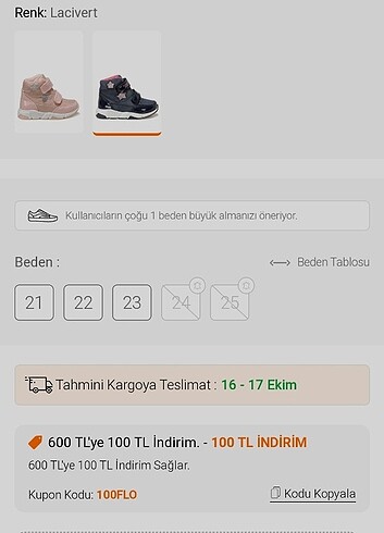 25 Beden Kinetix Kız Çocuk Yarım Bot