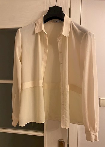 Düğmeli Bej Kadın uzun kollu krep gömlek - Görsel 4