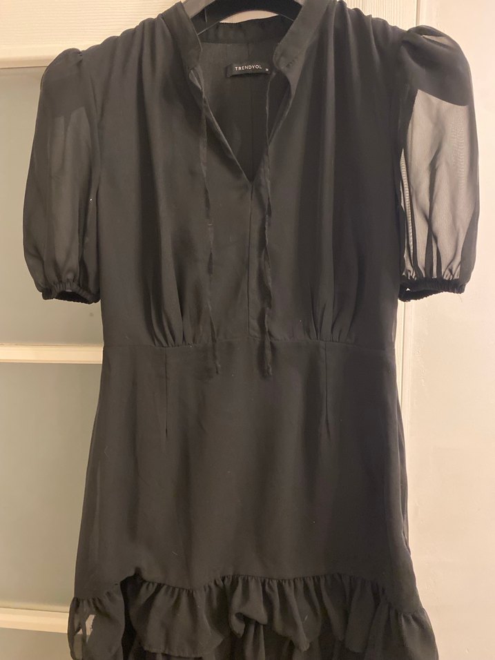 V Yaka Drapeli Siyah jifon mini elbise - Görsel 4