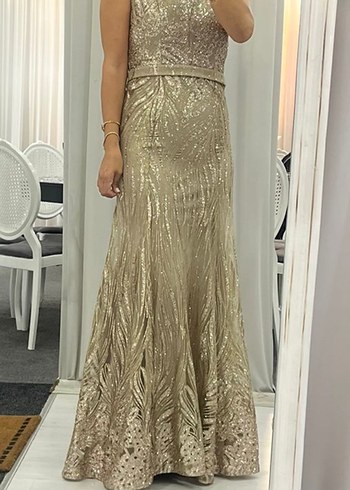 Bej Parlak Uzun Drapeli Nişan Elbisesi - Görsel 2