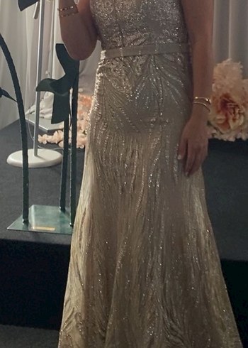 Bej Parlak Uzun Drapeli Nişan Elbisesi - Görsel 5