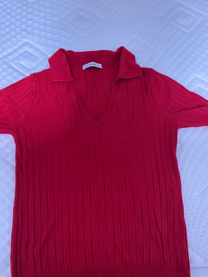 Kırmızı V Yaka Kadın Triko Kazak - Görsel 2