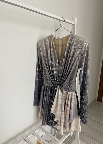 Gri Drapeli Mini Kadın Abiye Elbise - Görsel 2